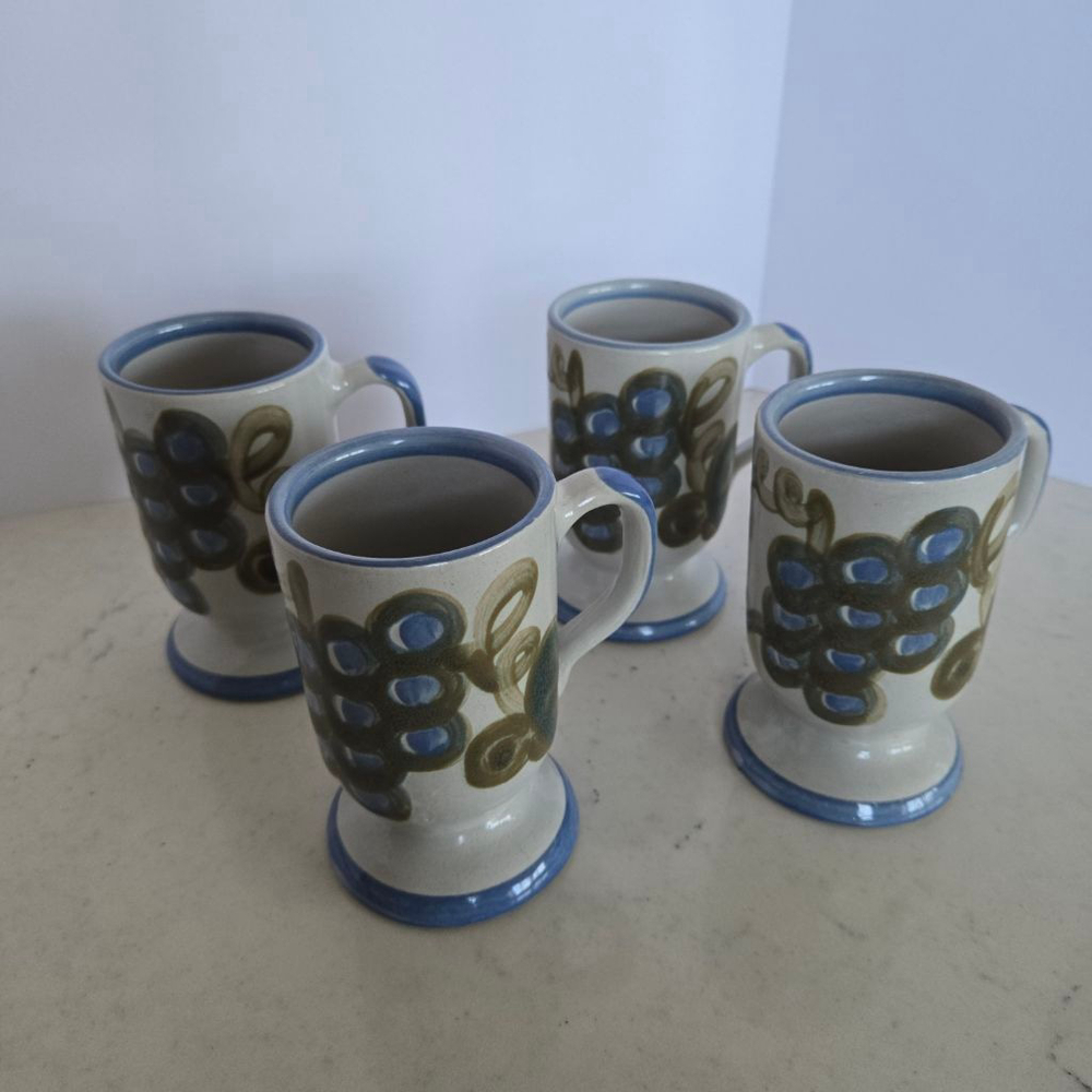 Vintage Louisville Stoneware Grapes Pedestal Mugs White & Blue Set of 4